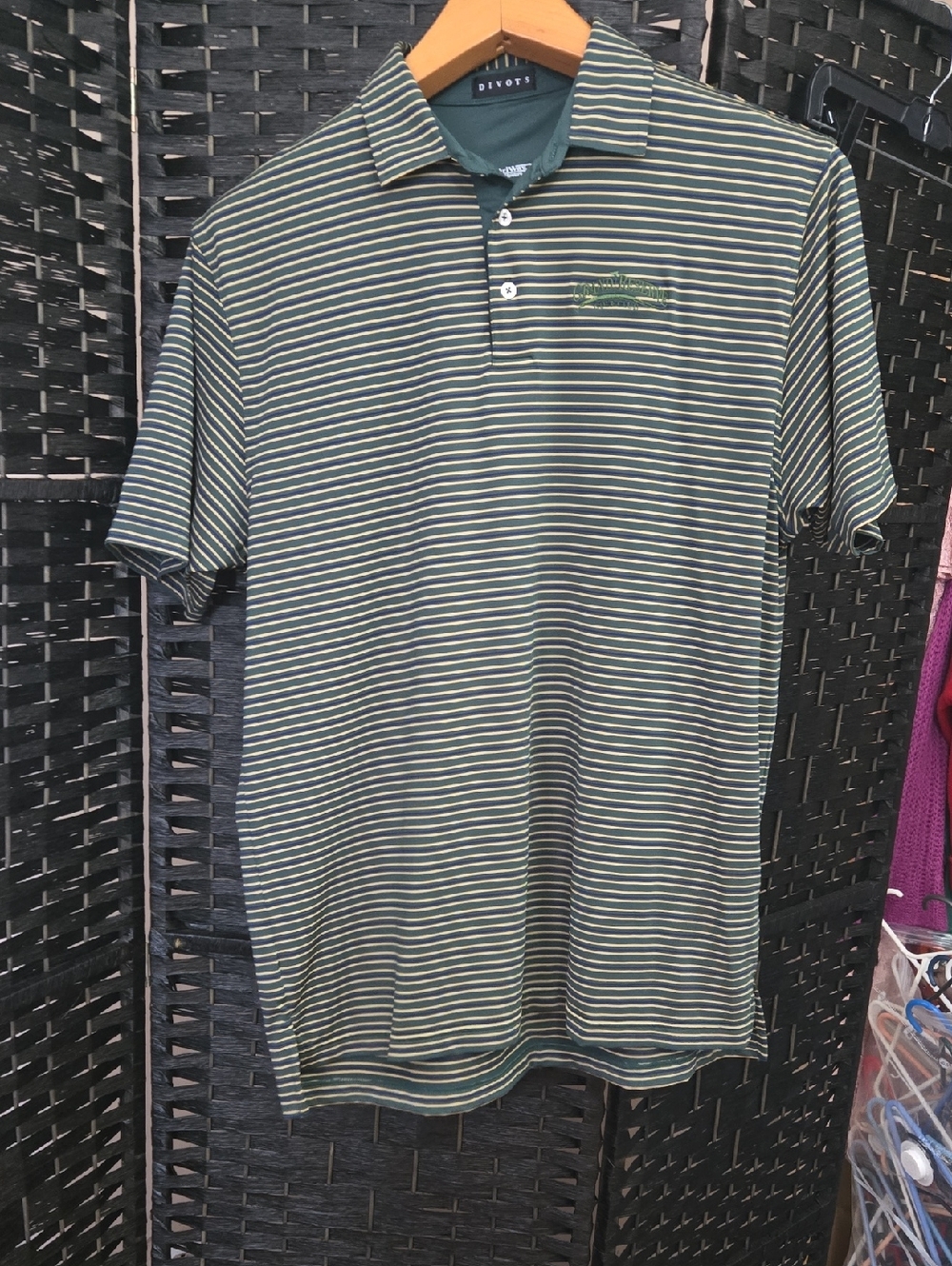 Divots Men's Green Striped Grand Reserve Golf Club Polo Shirt Large